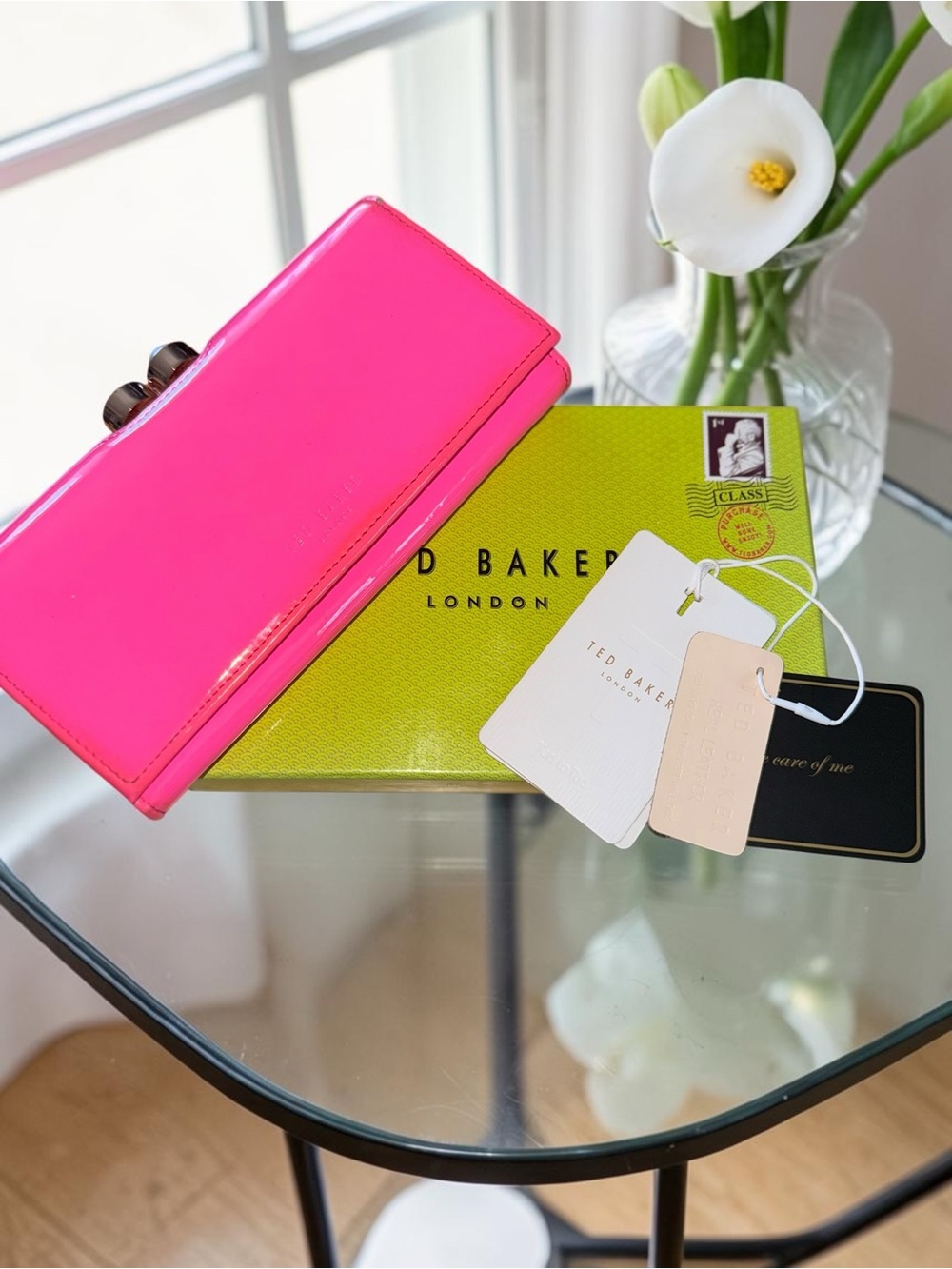 Ted Baker Neon Pink Patent Clutch with box and tags